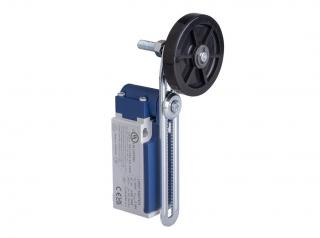 Выключатель концевой синхронного переключения угловой 2-х направленный с пластмассовой консолью и резиновым роликом Ф50мм на регулируемом по наклону рычаге (2НО+1НЗ), L5K27MEL123A - EMAS